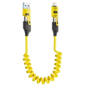 Cablu date/incarcare telefon 4 in 1 65W 6A Usb type C iphone lightning telescopic galben - imagine 1