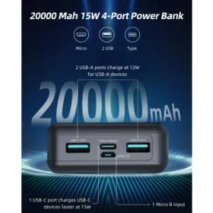 Power Bank 20000mAh 15W 2x USB-A 1x USB-C Neagra baterie externa - imagine 6