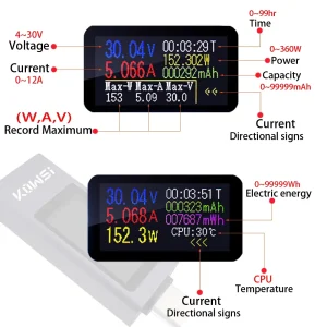 Tester USB Color 11 in 1 type C 4-30V 12A dublu sens ampermetru voltmetru digital - imagine 3